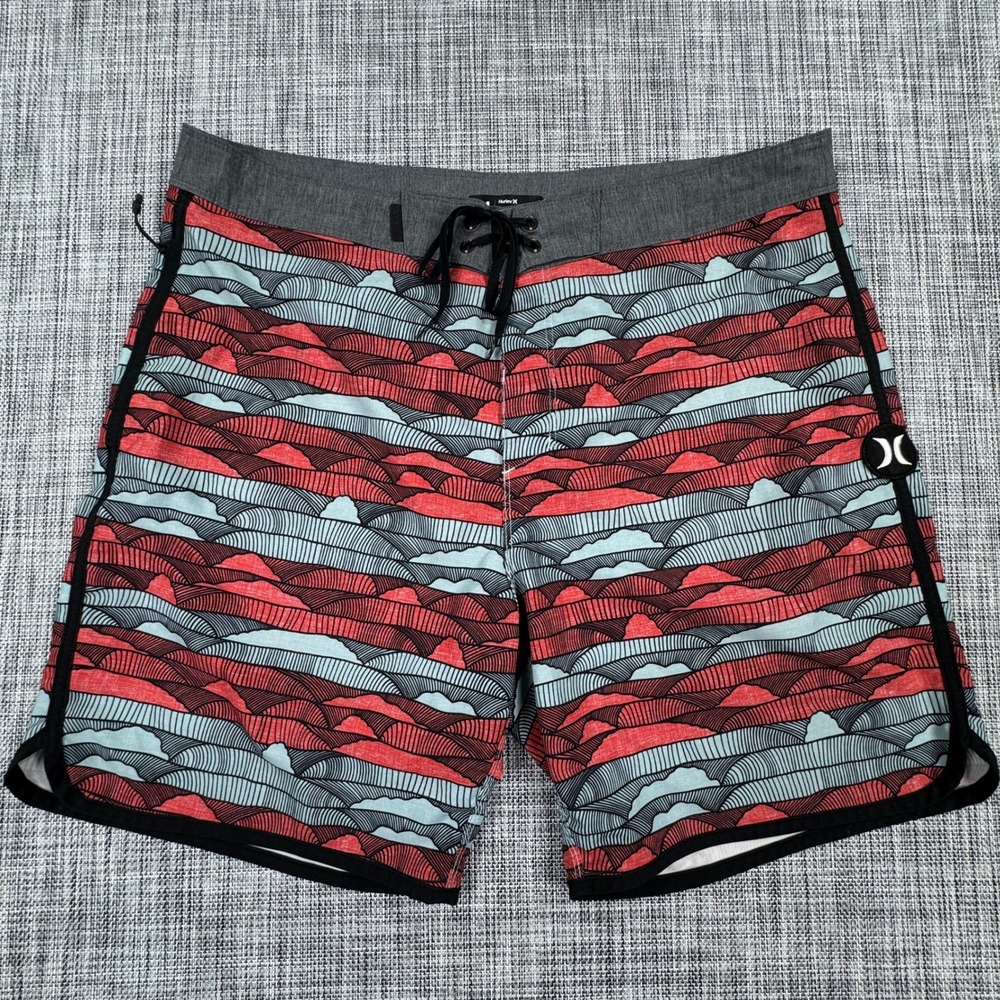 Hurley Mens Phantom Board Shorts 34 Red Blue Wave Print Stretch Swim Trunks